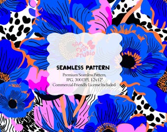 Blue Floral Seamless Pattern, Leopard Print Background, Bold Flower Repeat, Colorful Fabric Surface Design, Commercial Use Digital Paper