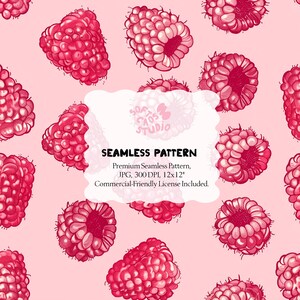 May include: A seamless pattern featuring hand-drawn raspberries in varying sizes and orientations, rendered in shades of red and pink. The design is set against a soft pink background. The text "SEAMLESS PATTERN" is displayed.