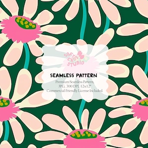 Könnte beinhalten: Nahtloses Muster mit großen, stilisierten Gänseblümchen in Rosa, Creme und Grün auf einem dunkelgrünen Hintergrund. Der Entwurf enthält den Text "SEAMLESS PATTERN".