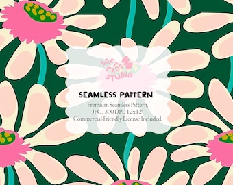 Retro Daisy Seamless Pattern, Bold Floral Repeat, Mid Century Flower Pattern for Fabric, Wallpaper, Surface Design 12x12” JPG 300DPI