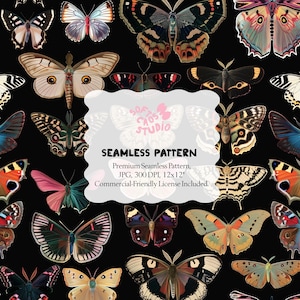 Puede incluir: Un patrón sin costuras con una variedad de mariposas coloridas sobre un fondo negro. Las mariposas tienen intrincados patrones de alas en tonos de rojo, azul, rosa y amarillo. Incluye el texto "SEAMLESS PATTERN".