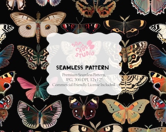 Patrón de mariposas sin costuras, polillas vintage sobre fondo negro, diseño de insectos repetidos, papel digital para tela, papel tapiz y álbum de recortes.