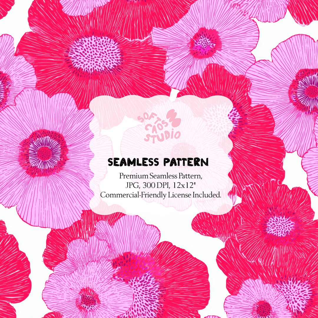 Pink Floral Seamless Pattern, Hot Pink Flower Digital Paper, Bold ...