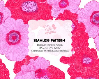 Patrón floral rosa sin costuras, papel digital de flores rosa fucsia, estampado floral llamativo, estampado de flores grandes