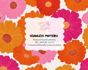 Retro Floral Seamless Pattern, Groovy Flower Digital Paper, 70s Bold Floral Repeat Print, Pink Orange Fabric Pattern