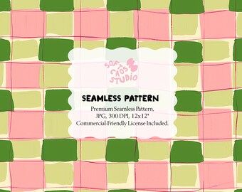 Seamless Checkered Pattern, Pink Green Gingham Design, Hand Painted Grid Texture, Cute Retro Fabric Pattern, Digital Paper