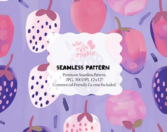 Patrón sin costuras de fresas, papel digital de bayas rosas y moradas, estampado repetitivo de frutas adorable, patrón de tela veraniega kawaii
