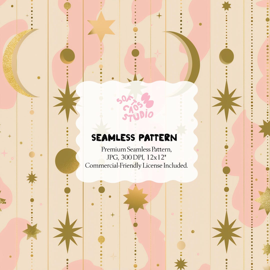 Celestial Moon and Star Seamless Pattern, Boho Cosmic Repeat With Gold ...