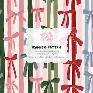 Könnte beinhalten: Nahtloses Muster mit vertikalen Streifen in Rosa, Grün und Blau, verziert mit gemalten Schleifen in Rot, Rosa und Blau. Das Design enthält den Text "SEAMLESS PATTERN" und "SOFT CHAOS STUDIO".