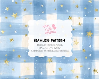 Blue Gingham Star Seamless Pattern, Gold Glitter Stars Digital Paper, Hand Painted Checkered Background JPG