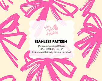 Pink Bow Seamless Pattern, Coquette Ribbon Digital Paper, Cute Girly Repeat Print, Hot Pink Bow Pattern for Fabric Wallpaper