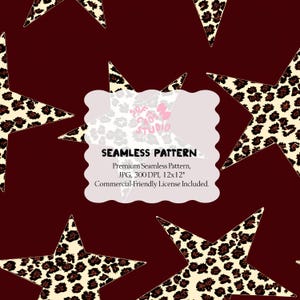 Peut inclure: Motif sans couture avec des étoiles crème à imprimé léopard marron sur fond rouge foncé. L'image comprend le texte « MOTIF SANS COUTURE » et d'autres détails sur le motif.