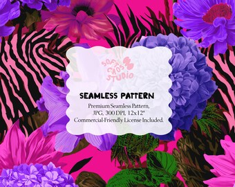 Seamless Floral Pattern, Zebra Animal Print, Pink Purple Flowers, Bold Maximalist Fabric Design, Tropical Statement Print, commercial use