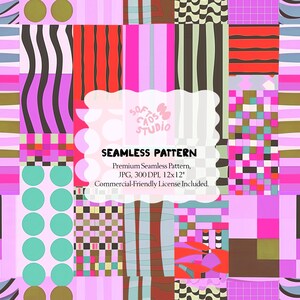 Puede incluir: Un diseño de patrón sin costuras vibrante, con un mosaico de formas geométricas coloridas y patrones abstractos. El diseño incluye rayas, círculos y patrones de cuadros en tonos de rosa, rojo, verde y marrón. Se muestra el texto "SEAMLESS PATTERN".
