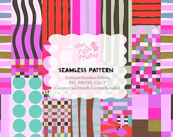 Seamless Geometric Pattern, Abstract Patchwork Design, Colorful Retro Blocks, Maximalist Fabric Print, Bold Digital Paper, POD Design