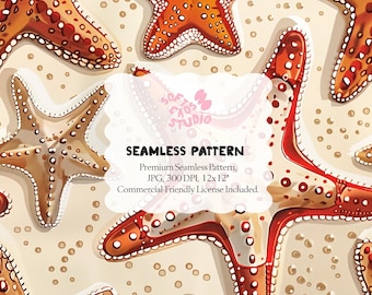 Patrón sin costuras de estrellas de mar, papel digital costero, estampado de estrellas de mar de playa, patrón repetitivo del océano