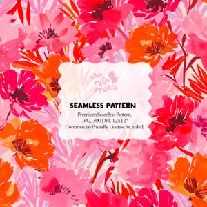 May include: A vibrant seamless pattern featuring watercolor-style flowers in shades of pink, red, and orange. The design includes the text "SEAMLESS PATTERN" and other details about the product.