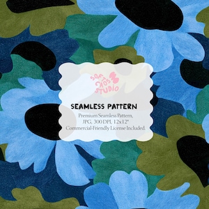 Op de afbeelding: Een naadloos patroon met grote, gestileerde blauwe bloemen, zwarte centra en groen en zwart blad. Het ontwerp bevat de tekst "SEAMLESS PATTERN" en details over de specificaties van het patroon.
