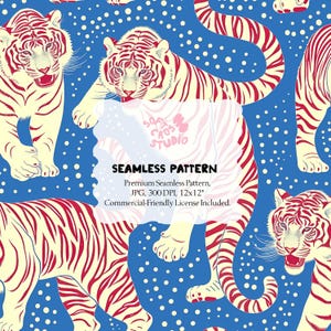 May include: Seamless pattern featuring tigers with red stripes on a cream background, set against a blue backdrop with white dots. The text "SEAMLESS PATTERN" is displayed. The image includes the text "SOFT CHAOS STUDIO".