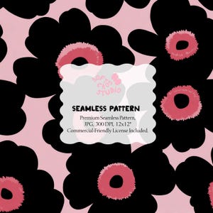 Black Pink Daisy Seamless Pattern, Retro Mod Flower Pattern, Large Scale Black Floral Repeat, Digital Paper Commercial Use