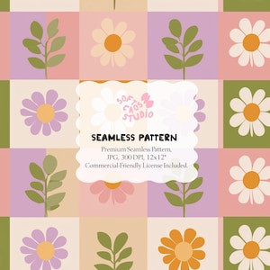 May include: A seamless pattern design featuring a repeating grid of colorful squares. Each square contains a floral or botanical element, including daisies and leafy sprigs. The color palette includes pink, purple, green, and orange. The text "SEAMLESS PATTERN" is displayed.