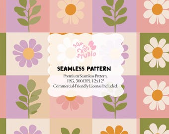 Floral Checkerboard Seamless Pattern, Pastel Daisy Tiles, Retro Botanical Digital Paper, Cute Flower JPG for Fabric