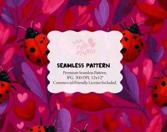 Ladybug Seamless Pattern, Cute Ladybug Digital Paper, Red Pink Heart Floral Repeat, Ladybird Print