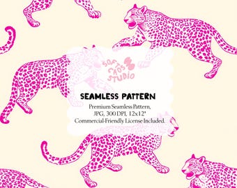 Pink Leopard Seamless Pattern, Hot Pink Animal Print Digital Paper, Retro Leopard Repeat Print for Fabric Wallpaper
