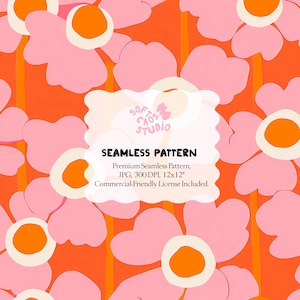 May include: A seamless pattern featuring large, stylized pink flowers with orange centers and a bright orange background. The design includes the text "SEAMLESS PATTERN" and other details about the pattern's specifications.
