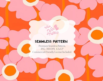 Patrón floral retro sin costuras, diseño de flores repetidas en rosa y naranja para tela, papel tapiz, decoración vintage, 30 x 30 cm, JPG, 300 ppp