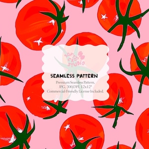 Pode incluir: Padrão sem costura com tomates vermelhos brilhantes com caules verdes sobre um fundo rosa claro. O design inclui o texto "SEAMLESS PATTERN" e detalhes sobre as especificações do padrão.