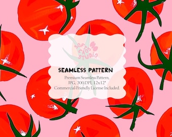 Tomato Seamless Pattern, Cute Food Repeat Print, Kitchen Fabric Pattern, Red Vegetable Surface Design, Commercial Use Digital Paper