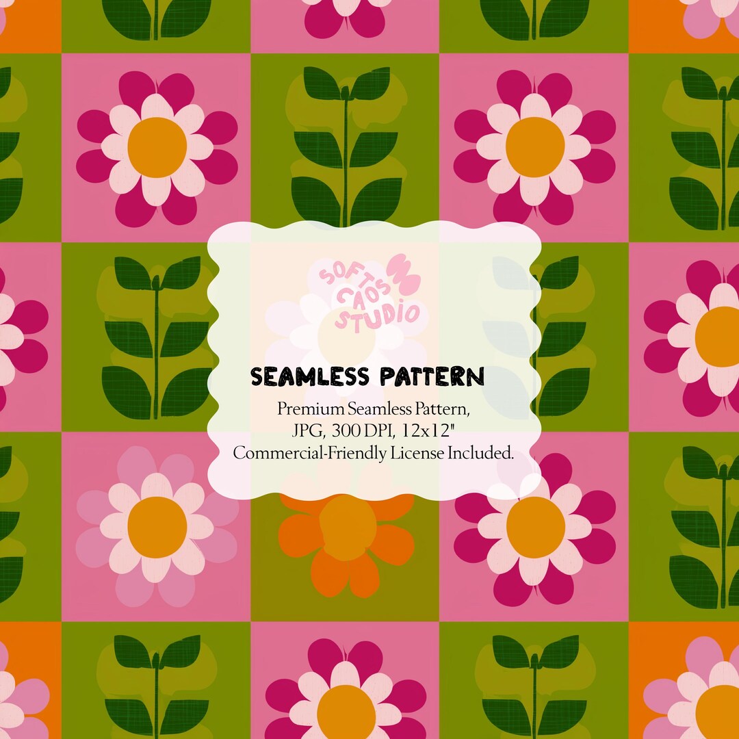 Retro Floral Checkerboard Seamless Pattern, Groovy Daisy Digital Paper ...