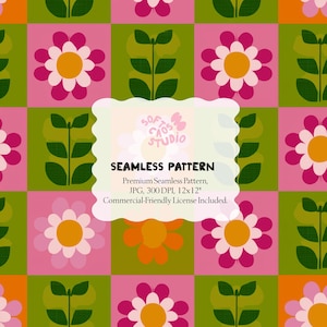 May include: Seamless pattern design featuring a repeating floral and leaf motif in a grid layout. The design includes pink, green, and orange flowers with yellow centers. The text "SEAMLESS PATTERN" is included.