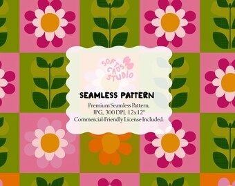 Retro Floral Checkerboard Seamless Pattern, Groovy Daisy Digital Paper, 70s Mod Flower Tiles for Fabric Wallpaper