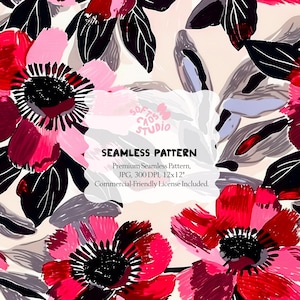 Puede incluir: Patrón floral sin costuras con grandes flores estilizadas en tonos rojos, rosas y negros sobre un fondo crema. El diseño incluye el texto "SEAMLESS PATTERN" y otros detalles sobre el patrón.