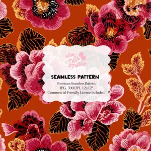 May include: A seamless pattern with large, stylised flowers in pink, red, and yellow on a burnt orange backdrop. The design includes black outlines and detailed petal textures. The image text reads "SEAMLESS PATTERN".
