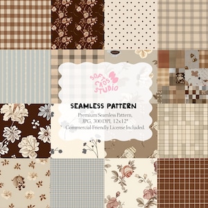 Könnte beinhalten: Eine Sammlung nahtloser Muster in verschiedenen Designs und Farben. Die Muster umfassen Blumenmuster, Polka Dots, Streifen und Karos in Braun-, Beige- und Blautönen. Der Text "SEAMLESS PATTERN" ist enthalten.