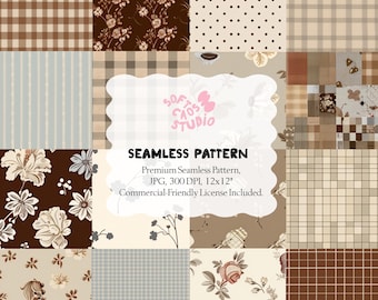 Patrón de patchwork neutro sin costuras, cuadrados de tela vintage beige y marrón, estampado de colcha cottagecore, papel digital textil repetitivo para scrapbooking.
