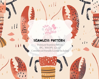 Coastal Lobster Seamless Pattern, New England Summer Print, Beach House Decor Repeat, Preppy Nautical Design, Digital Paper JPG