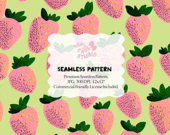 Strawberry Seamless Pattern, Cute Pink Fruit Print, Summer Strawberry Fabric, Kawaii Food Pattern, Wallpaper, Textile, POD, Craft Design