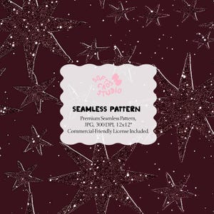 Op de afbeelding: Naadloos patroon met witte sterillustraties met gestippelde details op een donker bordeauxrode achtergrond. Het ontwerp bevat de tekst "SEAMLESS PATTERN" en andere productdetails.