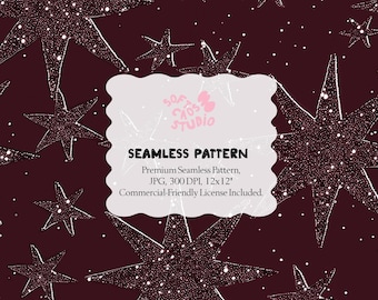 Patrón sin costuras de estrellas brillantes con textura brillante sobre fondo burdeos oscuro. 30 x 30 cm. JPG, 300 DPI.