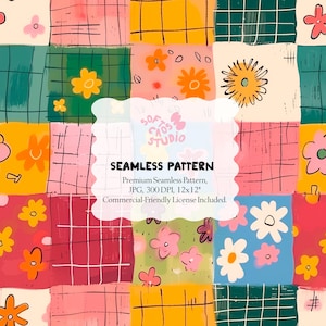 以下が含まれることがあります： 花柄と格子柄のカラフルな正方形を特徴とするシームレスパターンデザイン。ピンク、オレンジ、黄色の花が、緑、赤、青の背景に配置されています。「SEAMLESS PATTERN」のテキストも含まれています。