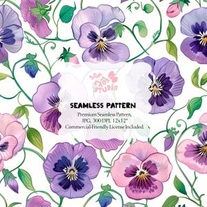 Puede incluir: Patrón sin costuras con pensamientos de acuarela en tonos morados y rosas, con hojas y enredaderas verdes sobre un fondo blanco. El diseño incluye el texto "SEAMLESS PATTERN".