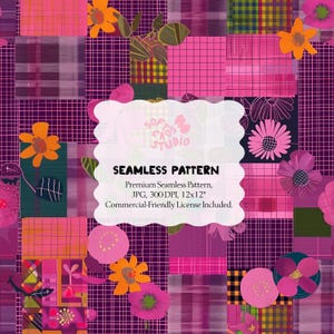 May include: A seamless pattern design featuring a patchwork of squares in shades of pink, purple, and green, adorned with floral and plaid elements. The design includes the text "SEAMLESS PATTERN".