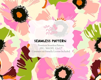 Pink Abstract Floral Seamless Pattern, Painted Flower Digital Paper, Modern Botanical Repeat Pattern for Fabric, Commercial Use JPG