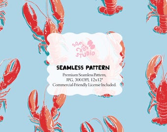 Patrón sin costuras retro de langosta roja, papel digital náutico costero, estampado repetitivo de mariscos, patrón playero oceánico