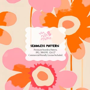 Könnte beinhalten: Ein nahtloses Muster mit großen, stilisierten Blumen in Rosa und Orange auf cremefarbenem Hintergrund. Das Design enthält den Text "SEAMLESS PATTERN" und "SOFT CAOS STUDIO". Das Muster ist 30,48 x 30,48 cm groß.