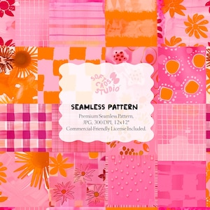 Rosa Patchwork Nahtloses Muster, Retro Blumencollage Digitales Papier, Schachbrett Quilt Rapport, Orange Pink Druck